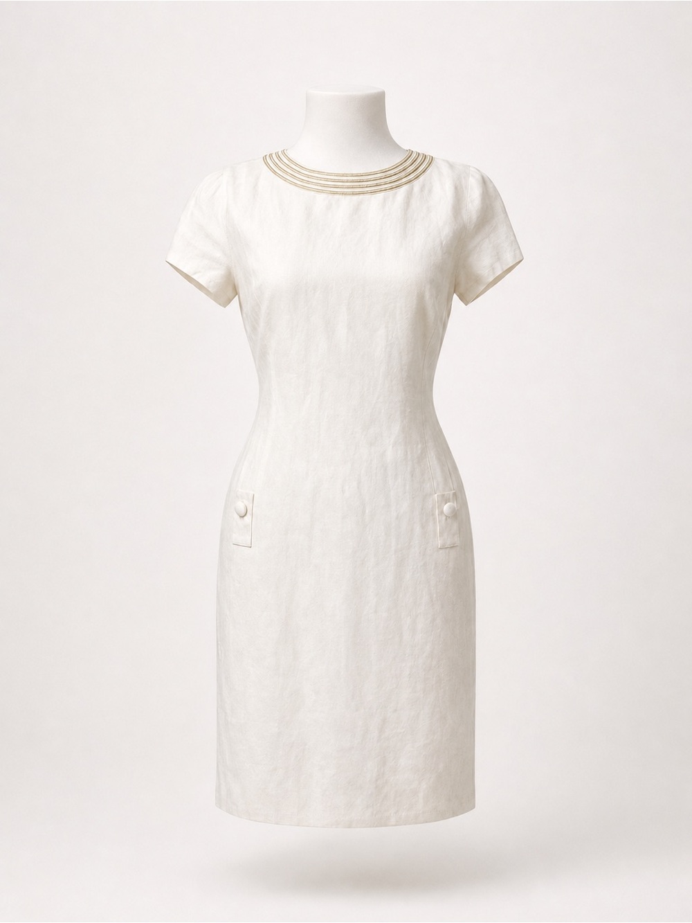 Vintage 90s Bloomingdale’s Petites Ivory Linen Sheath Dress Gold Trim 12P